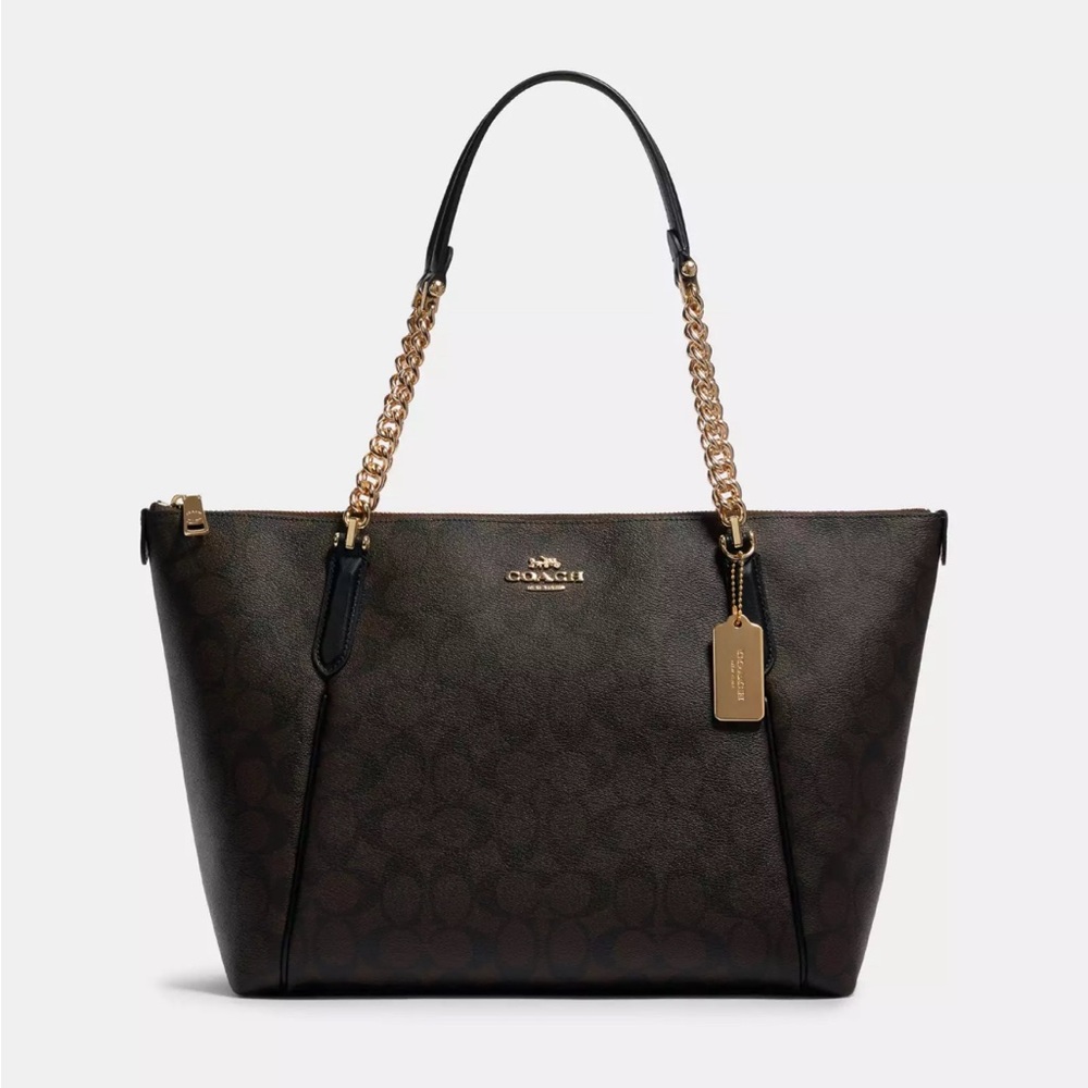 Coach Ava Chain Tote Bag Purse in Signature Brown Black New With Tags